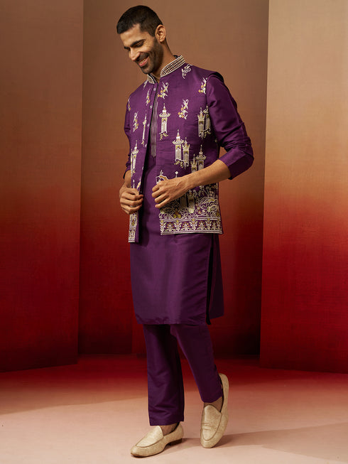 Men Purple Silk 3-Piece Nehru Jacket Set